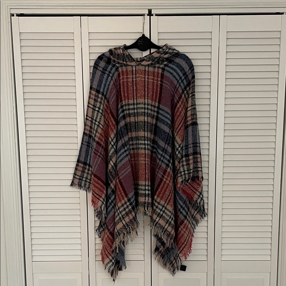 Plaid Hooded Poncho with Fringe